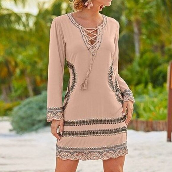 VENUS Dresses & Skirts - Venus Embellished Long Sleeve Lace-Up Mini Dress Light Pink Women's Size Large